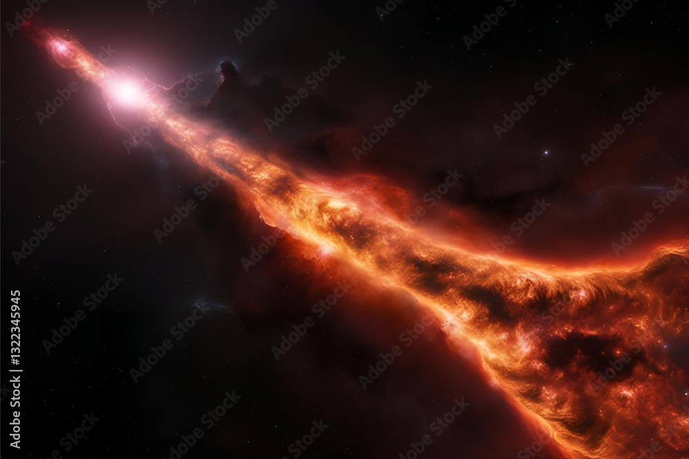 Obraz premium Cosmic Inferno: A stunning visual of a stellar jet emitting a powerful burst of energy through space, evoking a sense of cosmic creation and destruction.