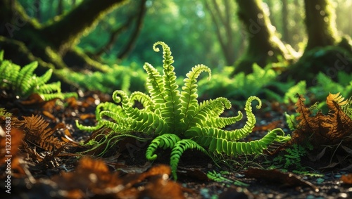 New fern leaves springing up on nature trail. Young leaves curled into spirals, gradually evolving, growing, and developing. Vascular non-flowering plants that reproduce through spores.
