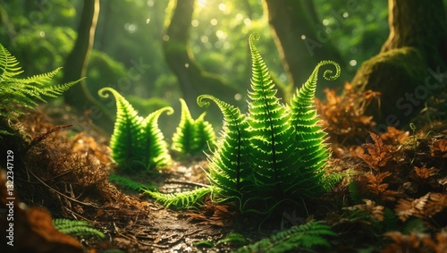 New fern leaves are sprouting along the nature trail. Young leaves are curled in spirals, gradually evolving, growing, and developing. These vascular non-flowering plants reproduce by producing spo...