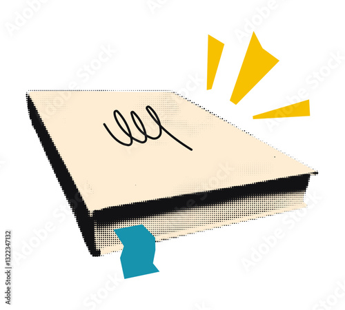 Closed book with bookmark halftone art collage cut out element. Paper clipping shape with vintage dotted texture and doodles. Modern retro vector illustration for mixed media design