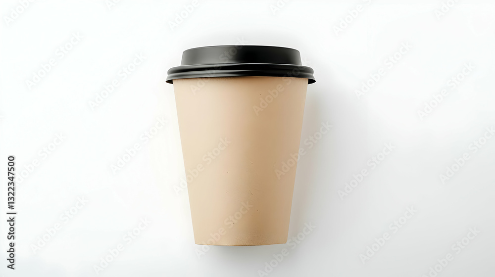 Beige Disposable Paper Coffee Cup With Black Lid On White Background Minimalist Studio Shot Beige Disposable Paper Coffee Cup With Black Lid On White Background Minimalist Studio Shot