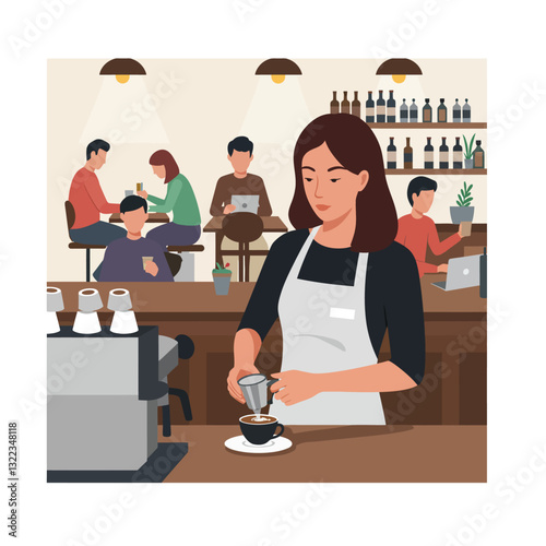 Barista preparing coffee in a cozy café setting with flat vector art style illustration