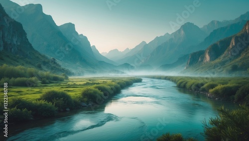 Mountain scenery in a green valley featuring a crystal-clear river.