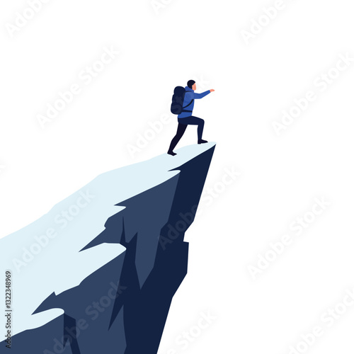 Hiker standing on mountain edge in flat design vector art