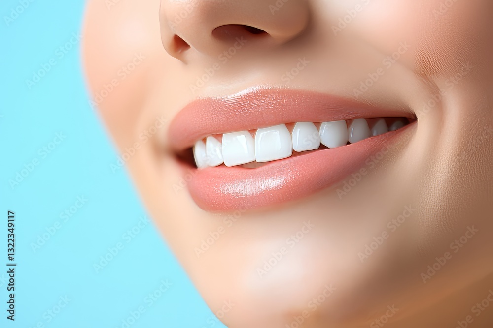 Fototapeta premium A smiling woman with pristine white teeth, captured in a close-up against a light blue background