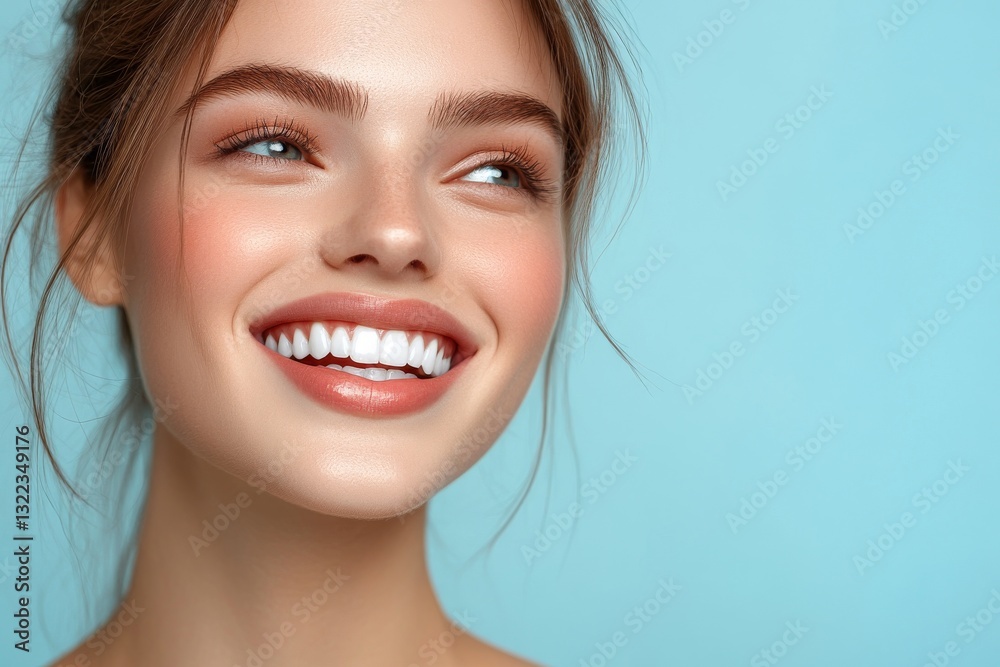 A close-up image of a woman with a bright smile and perfect teeth, set against a soft blue backdrop A close-up image of a woman with a bright smile and perfect teeth, set against a soft blue backdrop