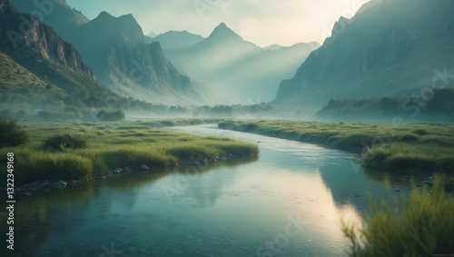 Mountain scenery in a lush valley featuring a crystal-clear river.