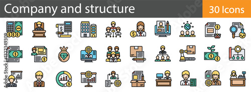 Company Structure Line Icons Set. Collection of 30 outline icons representing corporate hierarchy, organizational management, and business structure.  vector illustration.