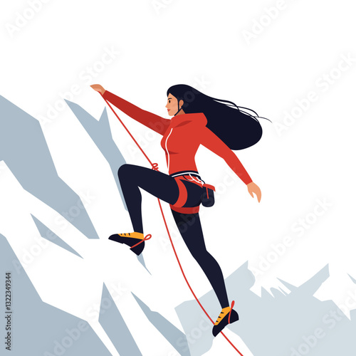 Climber ascending steep rock face in minimal flat design vector illustration