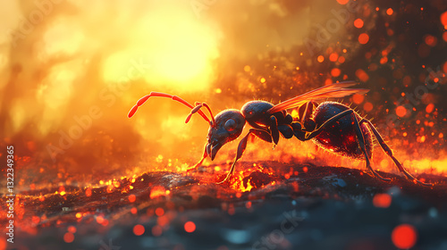 Ant carries glowing ember sunset scene. ai generated. Ember Twilight. Illustration