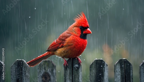Northern Cardinal sitting on a rustic, weathered fence, adorned with rain drops on a rainy day. A slow shutter speed captures streaks of rain in the background.