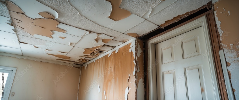 Obraz premium Old peeling and decaying white gypsum board ceiling, with wall and door damage caused by water leakage from raindrops, moisture, and dirty mold, resulting in a poor living environment with disease ...