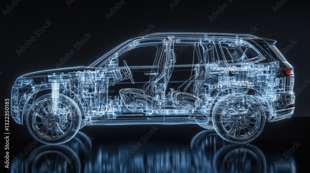 Naklejka premium A detailed 3D rendering reveals the intricate inner workings of an SUV, its frame and components exposed through a stylized X-ray effect, highlighting the engineering marvel of this modern vehicle.