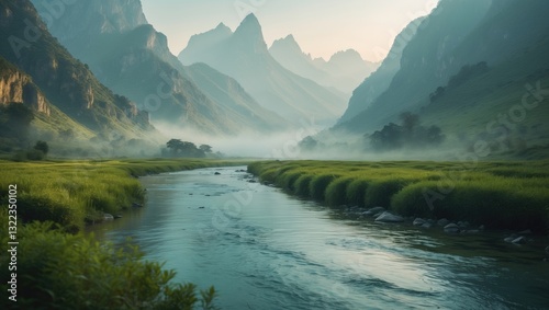 Mountain landscape in a verdant valley with a clear river.