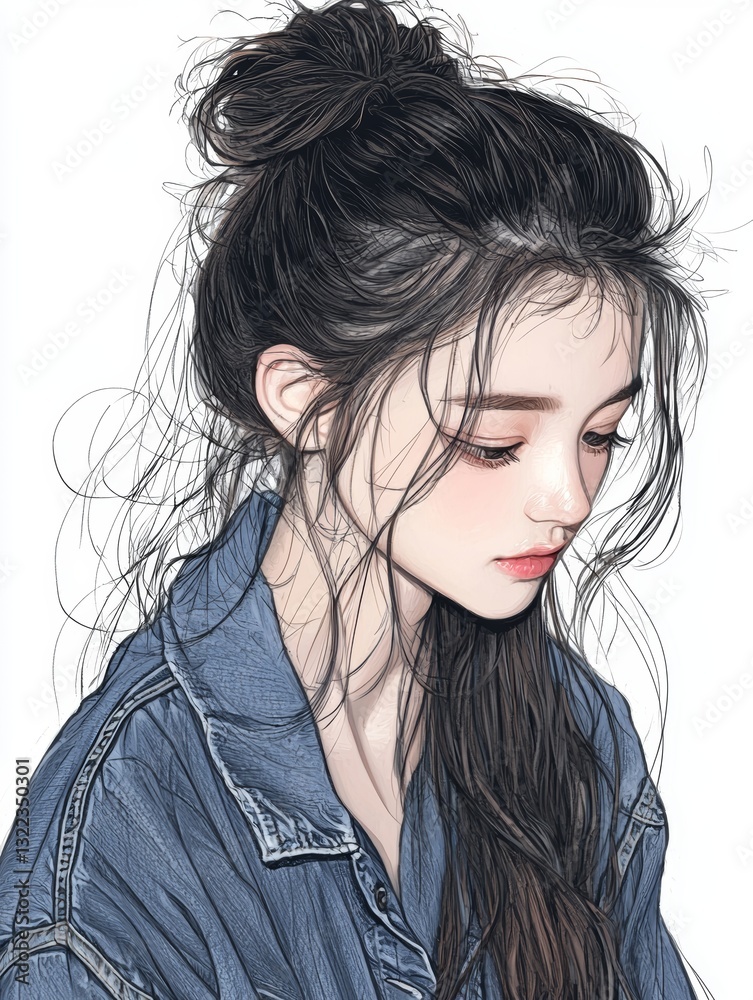 Beautiful and mysterious girl wearing a denim jacket in a colorful pencil drawing illustration Beautiful and mysterious girl wearing a denim jacket in a colorful pencil drawing illustration