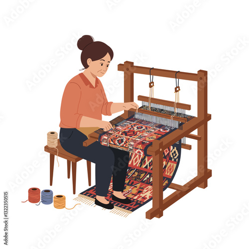 Woman weaving colorful fabric on a loom in detailed vector illustration