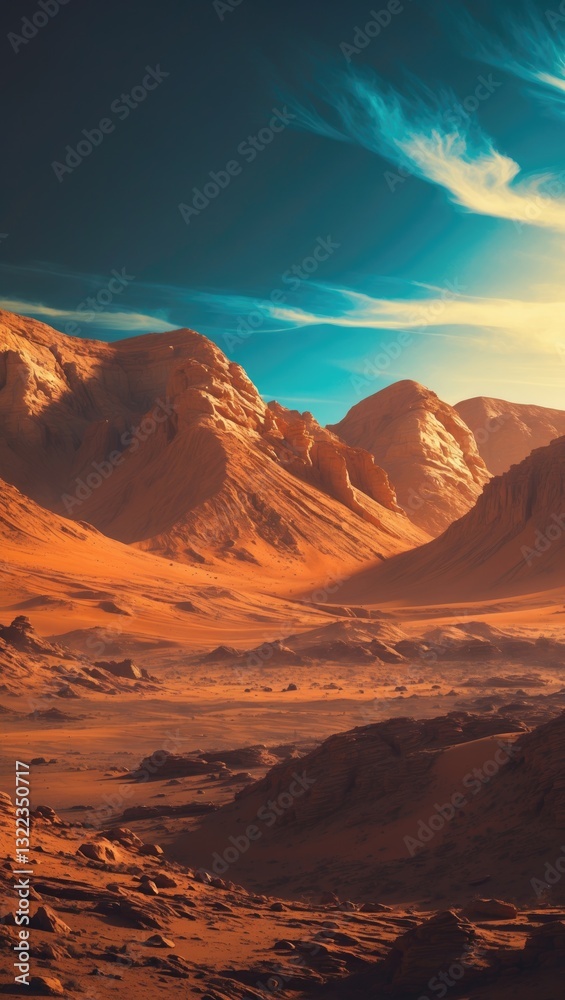 Fototapeta premium Mars features a dry landscape with mountains. Image resembles a terrain scene.