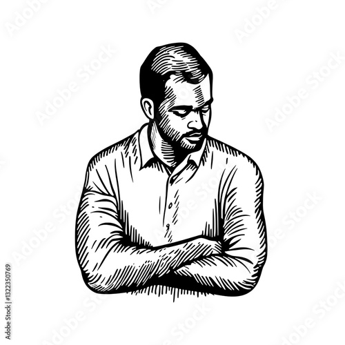 Thoughtful man in a contemplative pose with crossed arms in an artistic engraved style for tattoo and packaging design