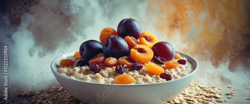 Oatmeal topped with raisins, dried apricots, and plums.