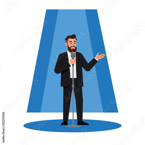 Stand-up comedian performing on stage in minimal flat design vector art
