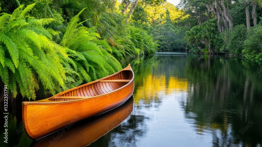 Serene wooden canoe resting on calm river surrounded by lush greenery and vibrant nature Serene wooden canoe resting on calm river surrounded by lush greenery and vibrant nature