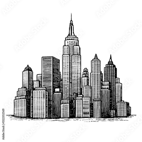 Intricate skyline illustration showcasing iconic skyscrapers with detailed engravings for artistic tattoo and packaging designs