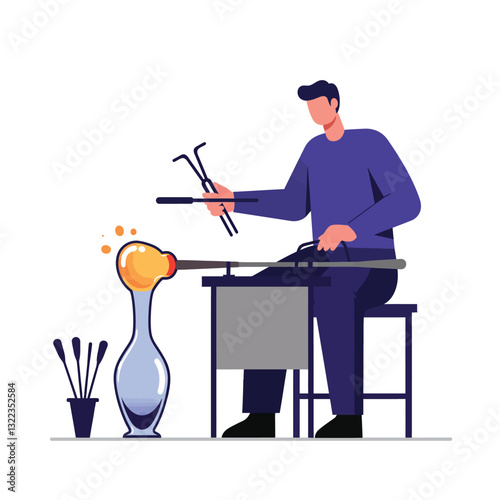 Glassblower shaping molten glass into beautiful vase using flat vector art techniques