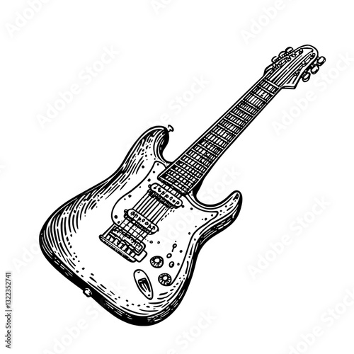 Intricate engraved illustration of an electric guitar design perfect for unique tattoo art and creative packaging ideas