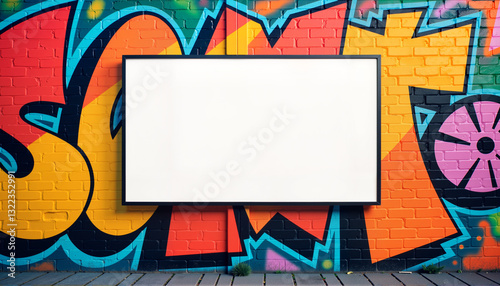 Mockup Blank frame on colorful graffiti wall