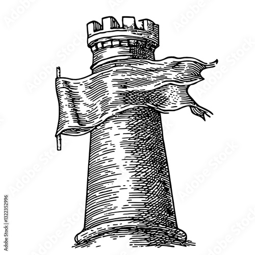 Engraved illustration of a medieval tower with a flowing banner on a windy day, perfect for tattoo art or packaging design