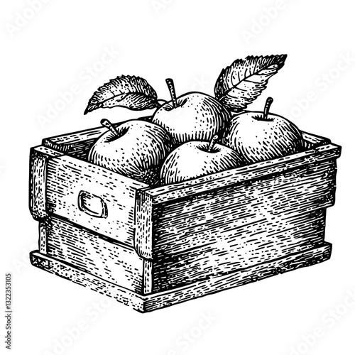Freshly harvested apples in a rustic wooden crate ready for packaging and tattoo-inspired illustration