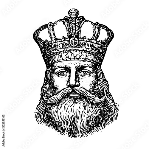 Engraved illustration of a regal king with a majestic crown, captured in a detailed vector style for tattoo and packaging design