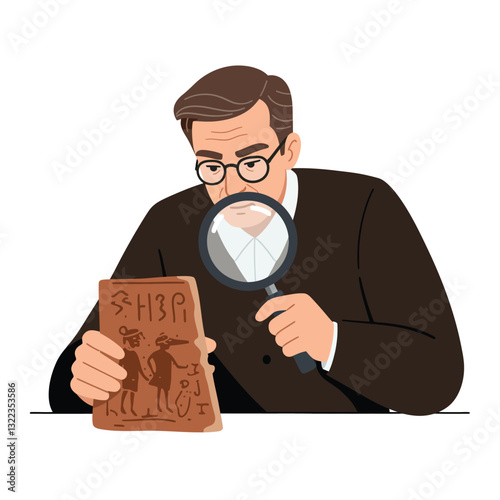 Scholar examining ancient artifact with magnifying glass in minimal vector illustration