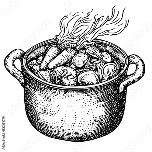Engraved illustration of a steaming pot filled with fresh vegetables in a rustic style for tattoo or packaging design