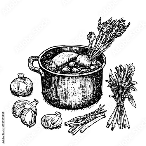 Engraved vector illustration depicting a pot filled with fresh vegetables and herbs on a rustic table setting