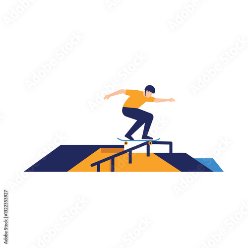Skateboarder performing tricks on a ramp designed in flat style vector art