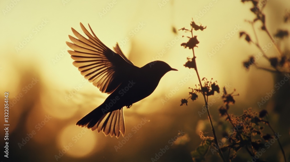 Fototapeta premium A silhouetted bird gracefully flaps its wings against a golden sunset backdrop, capturing a fleeting moment of natural beauty.
