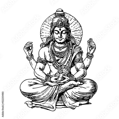 Intricate engraved illustration of a serene deity in a meditative pose featuring detailed ornaments and symbols