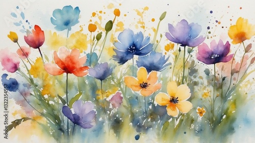 Cheerful watercolor flower field with colorful blossoms and splashes for vibrant decor