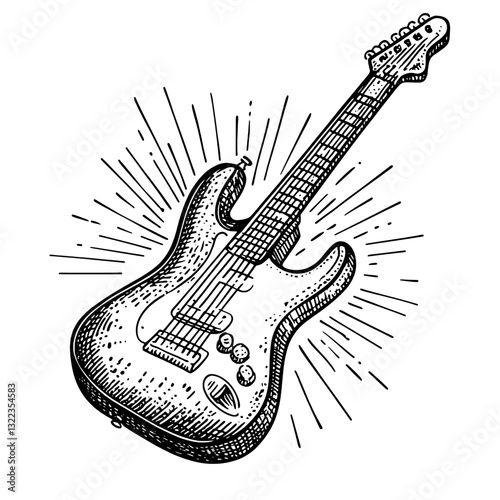 Creative illustration of an engraved guitar design perfect for tattoo art or packaging inspiration