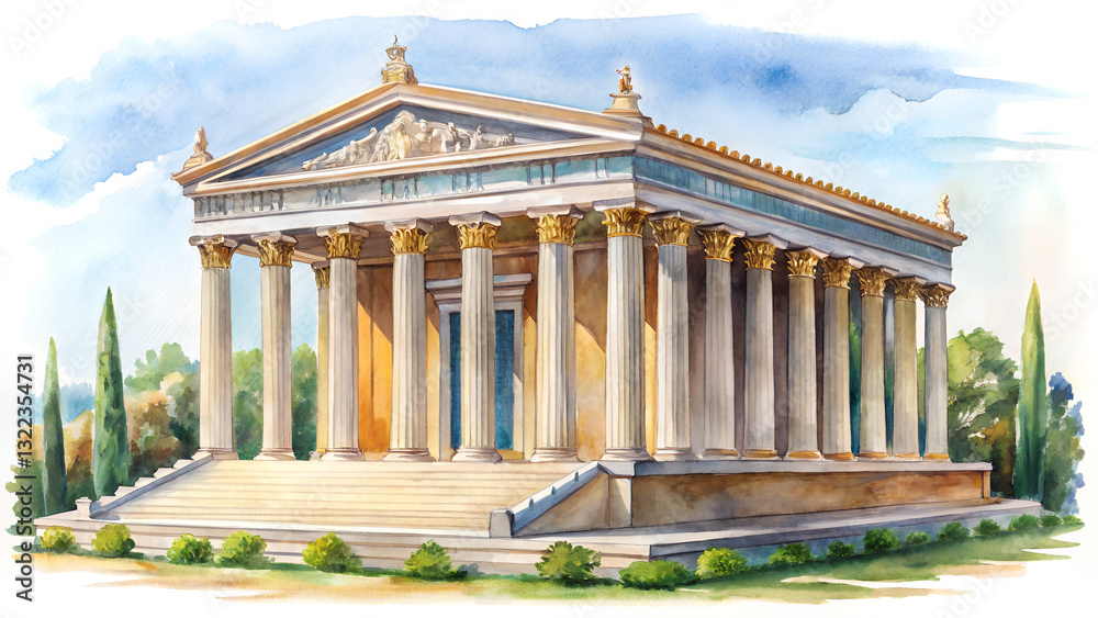 Fototapeta premium Elegant hand-drawn watercolor illustration of the Temple of Artemis at Ephesus, a historical landscape painting on a clean white background