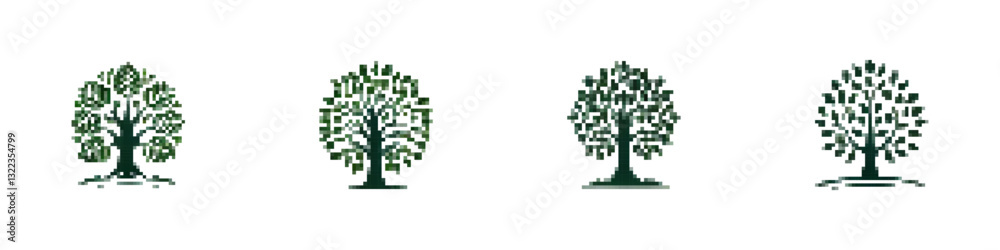 Fototapeta premium Set of pixel green trees. Vector icons of stylish trees in retro style. Simple pixel plants. Vector tree icon. Deciduous trees pixel vector. Tree trunk vector.