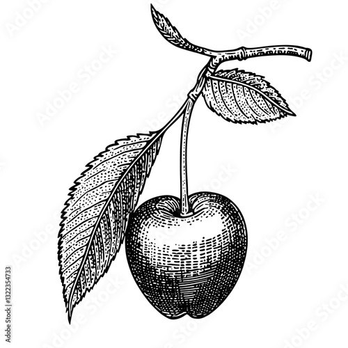 Elegant engraved apple illustration on a stem with detailed leaves for artistic tattoo or packaging design