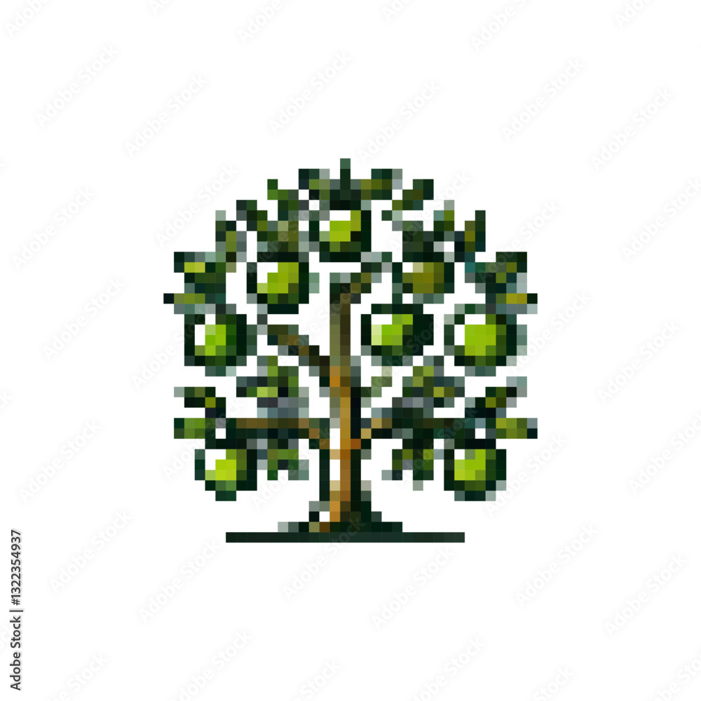 Obraz premium Pixel icon green tree. Tree logo with fruits vector. Pixel apple tree icon. Spring trees. Fruit tree vector icon pixel style. Stylish retro tree icon.