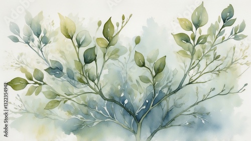 Delicate watercolor botanical illustration with green leaves on a soft background for decor