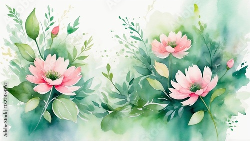 Beautiful watercolor floral arrangement with pink flowers and green foliage for decorative designs