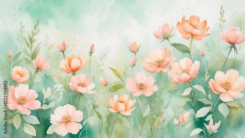 Charming watercolor flower garden with peach-colored blooms and green foliage for artistic decor