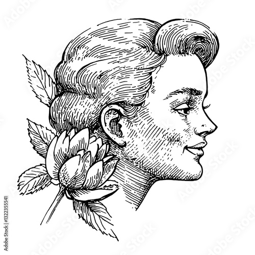 Elegant woman profile with floral tattoo design, showcasing intricate engraving style for artistic expression