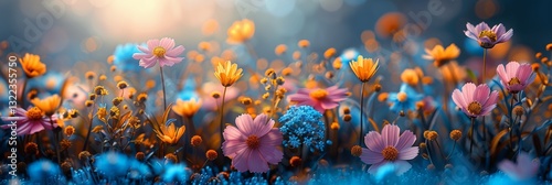 Beautiful blooming colorful wildflowers on a clear blue sky background for spring or summer season banner or card