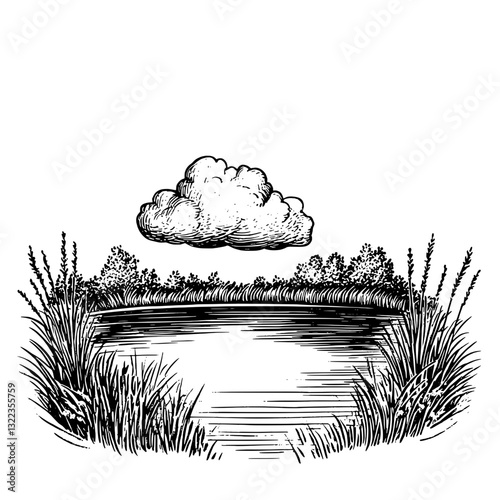 Engraved vector illustration of a tranquil pond surrounded by lush vegetation and a fluffy cloud overhead